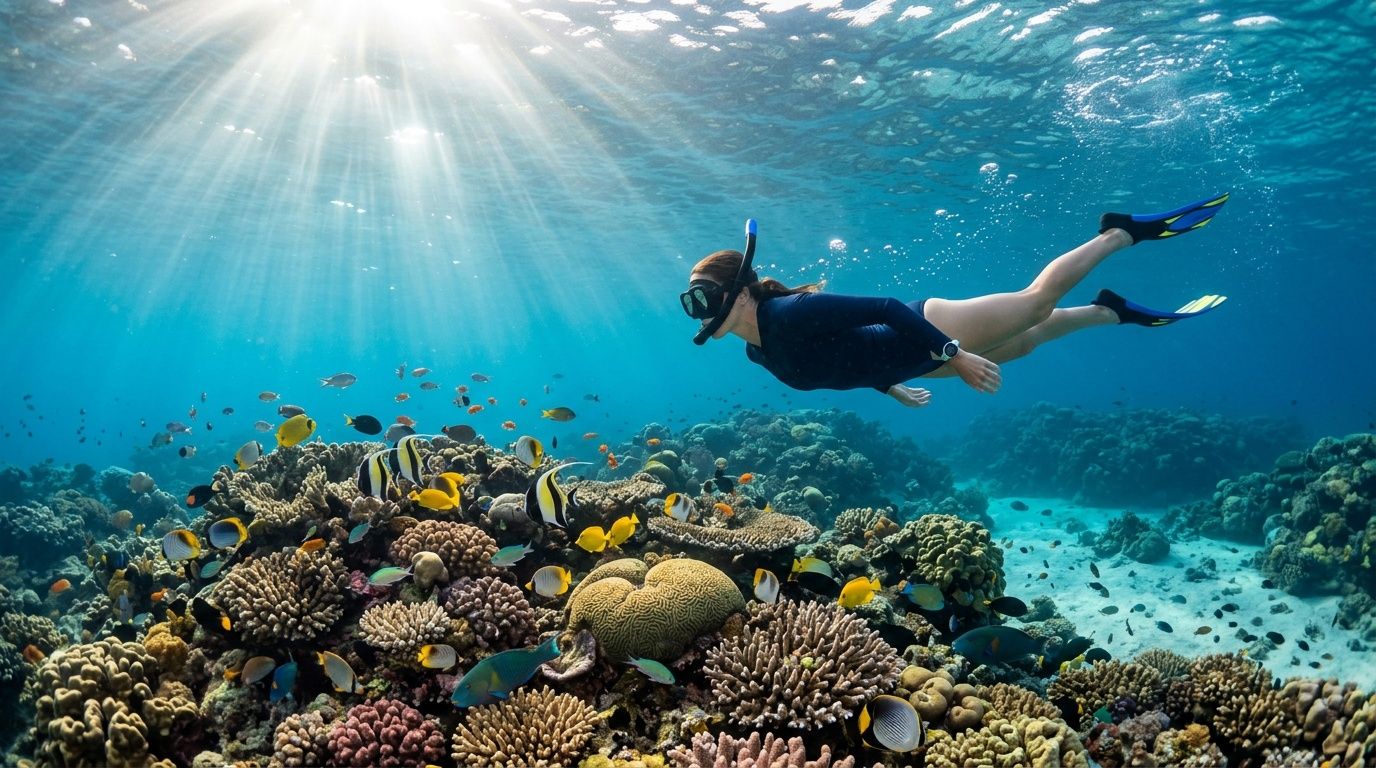 A snorkeler swims near a colorful coral reef filled with tropical fish in clear blue water.