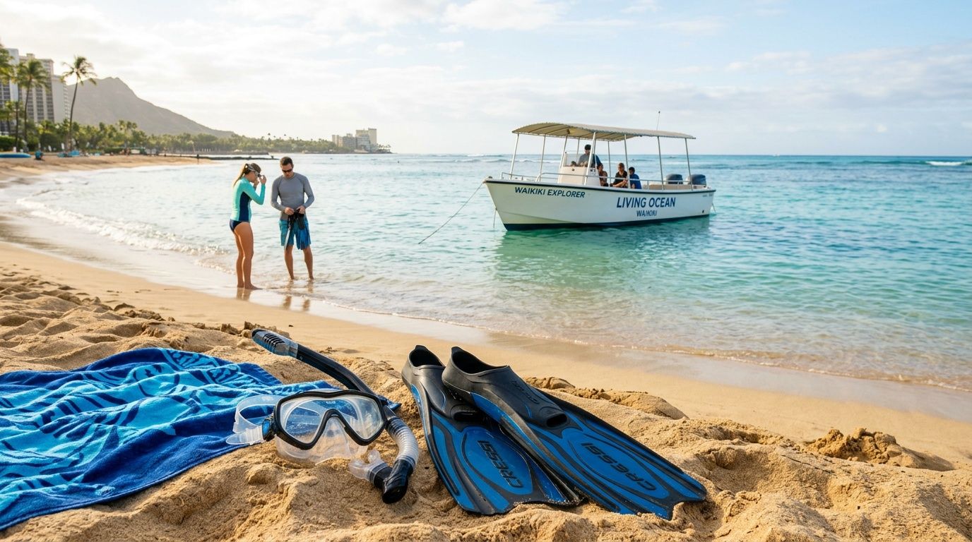 A couple prepares for snorkeling on Waikiki beach, with a boat and gear in the foreground.