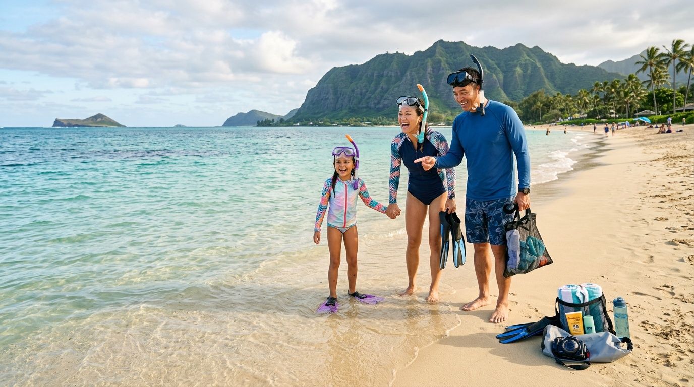 A happy family holding hands and laughing on an Oahu beach before going snorkeling in the ocean.