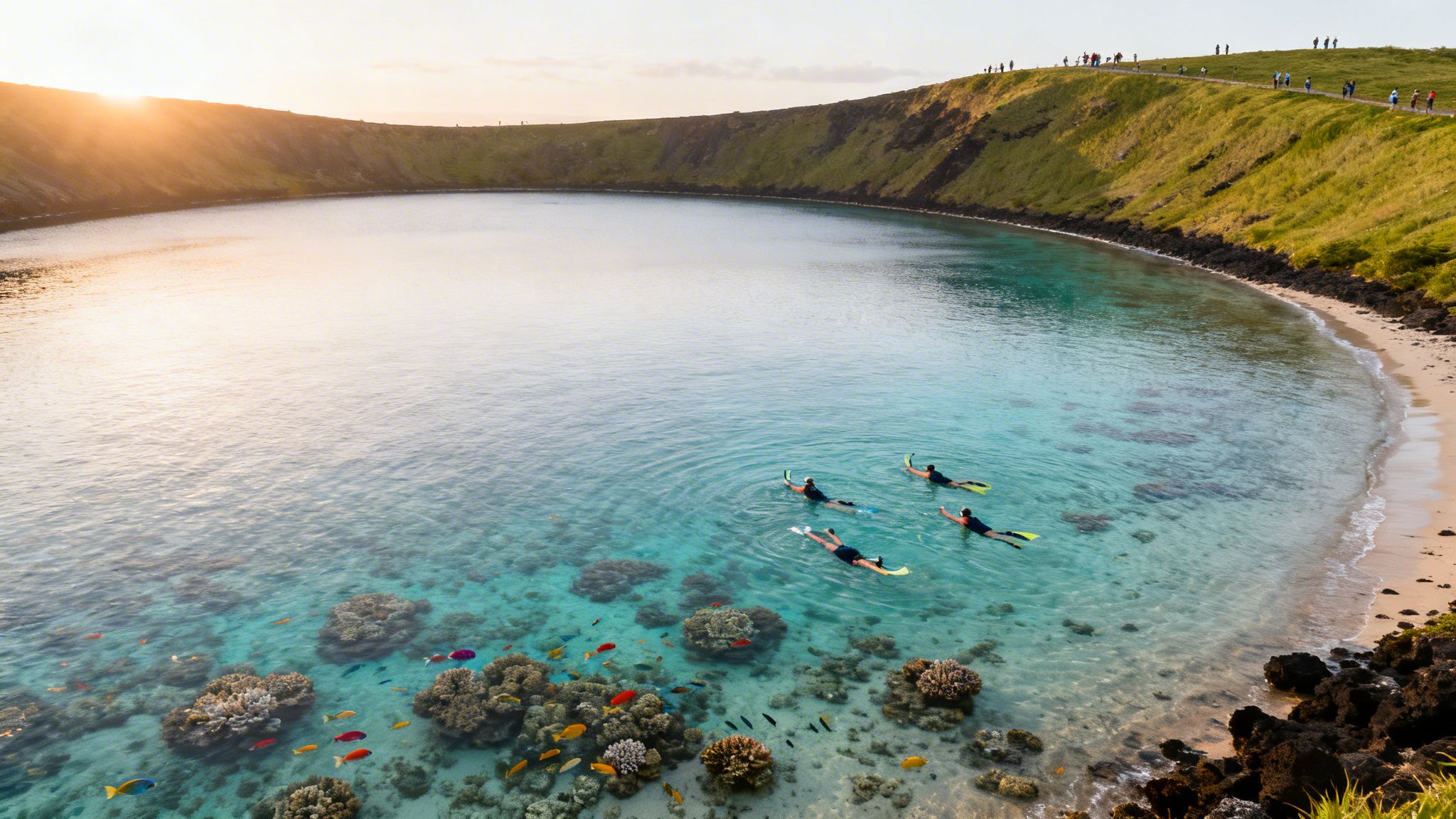 Aerial view of people snorkeling in a clear blue Hawaiian bay with coral reefs and a beach.