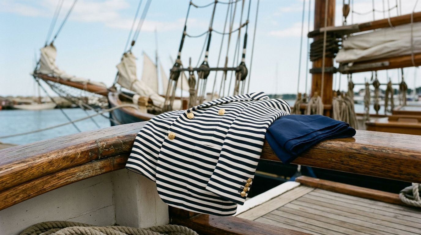 A striped double-breasted blazer and navy trousers resting on a wooden railing of a sailing yacht.