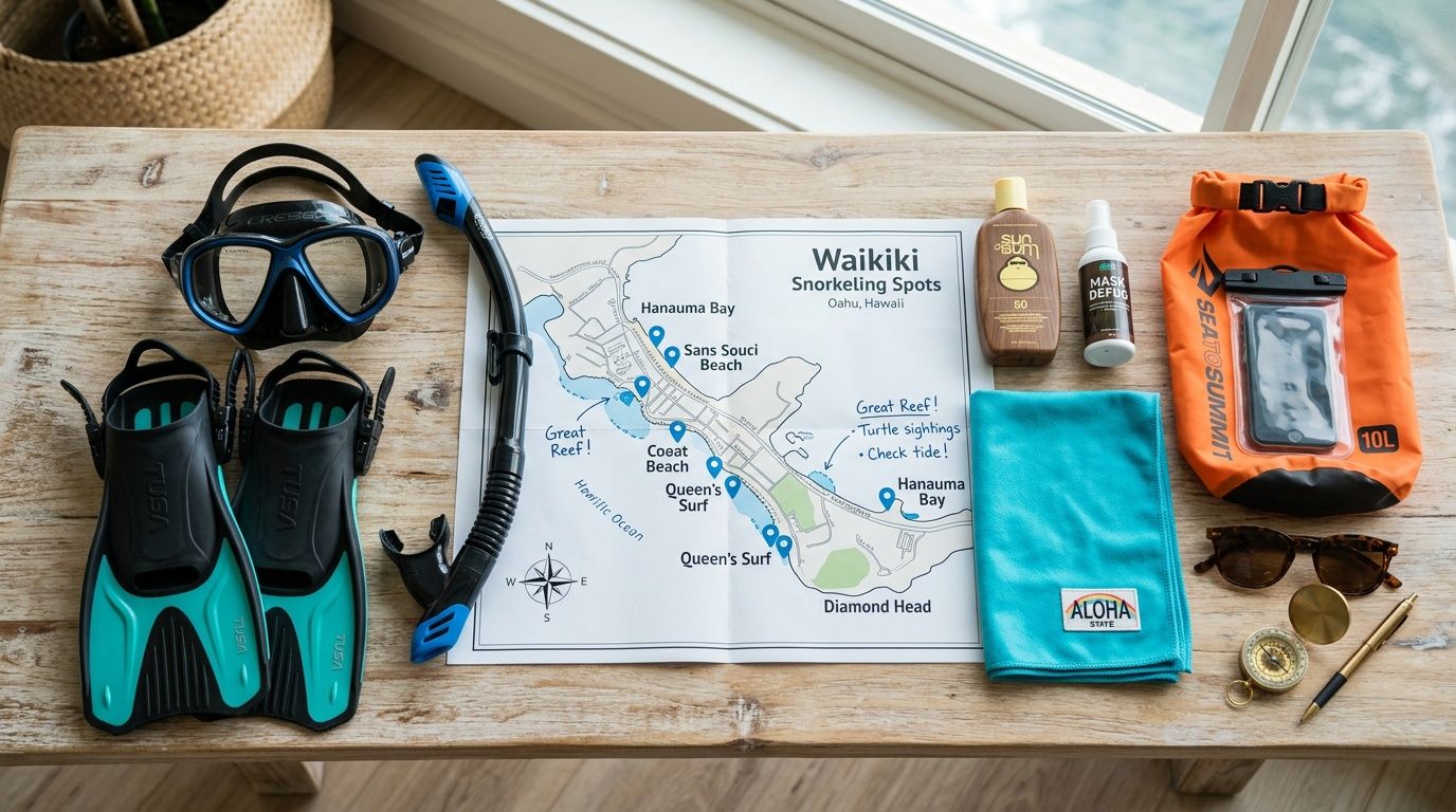 A flat lay of snorkeling gear including a mask, snorkel, fins, map, sunscreen, and dry bag on a wooden table.