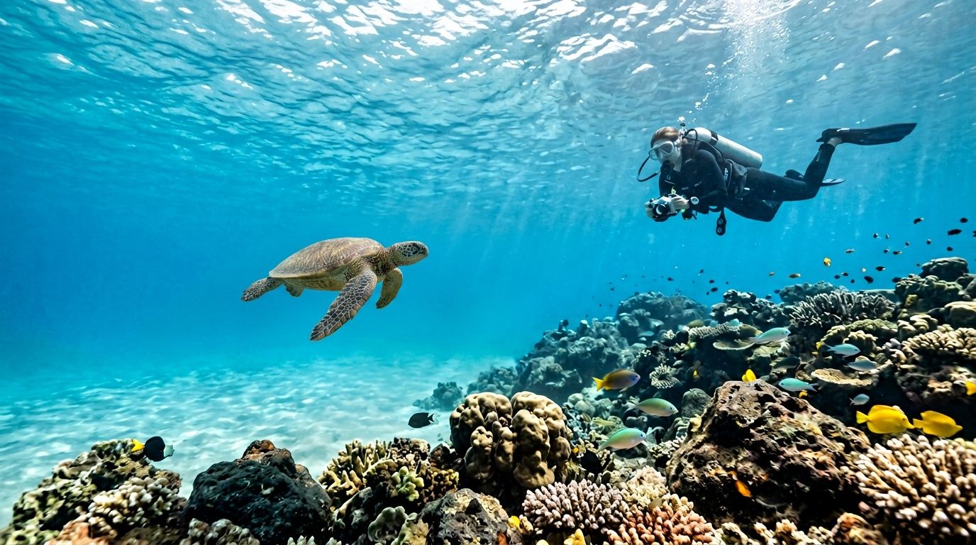 A scuba diver takes underwater photos of a green sea turtle swimming near a colorful coral reef.