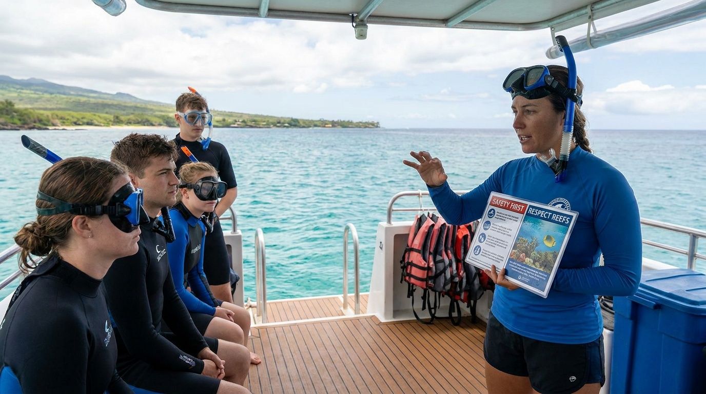 A female tour guide instructs a group of people wearing snorkeling gear on a boat deck.