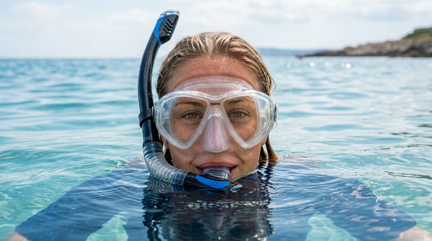 A woman wearing a diving mask and snorkel, submerged in clear blue ocean water while snorkeling.