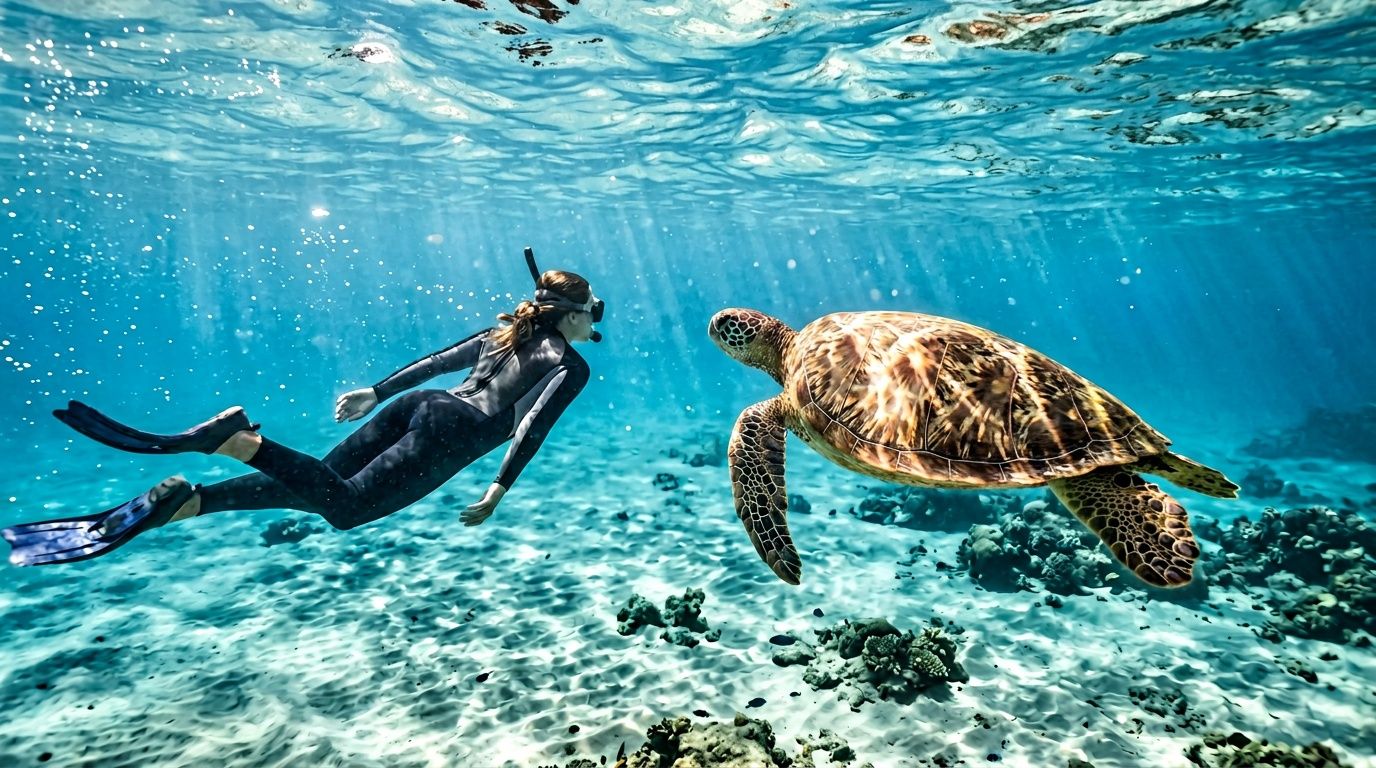 A snorkeler in a wetsuit swimming underwater alongside a large green sea turtle in shallow ocean water.