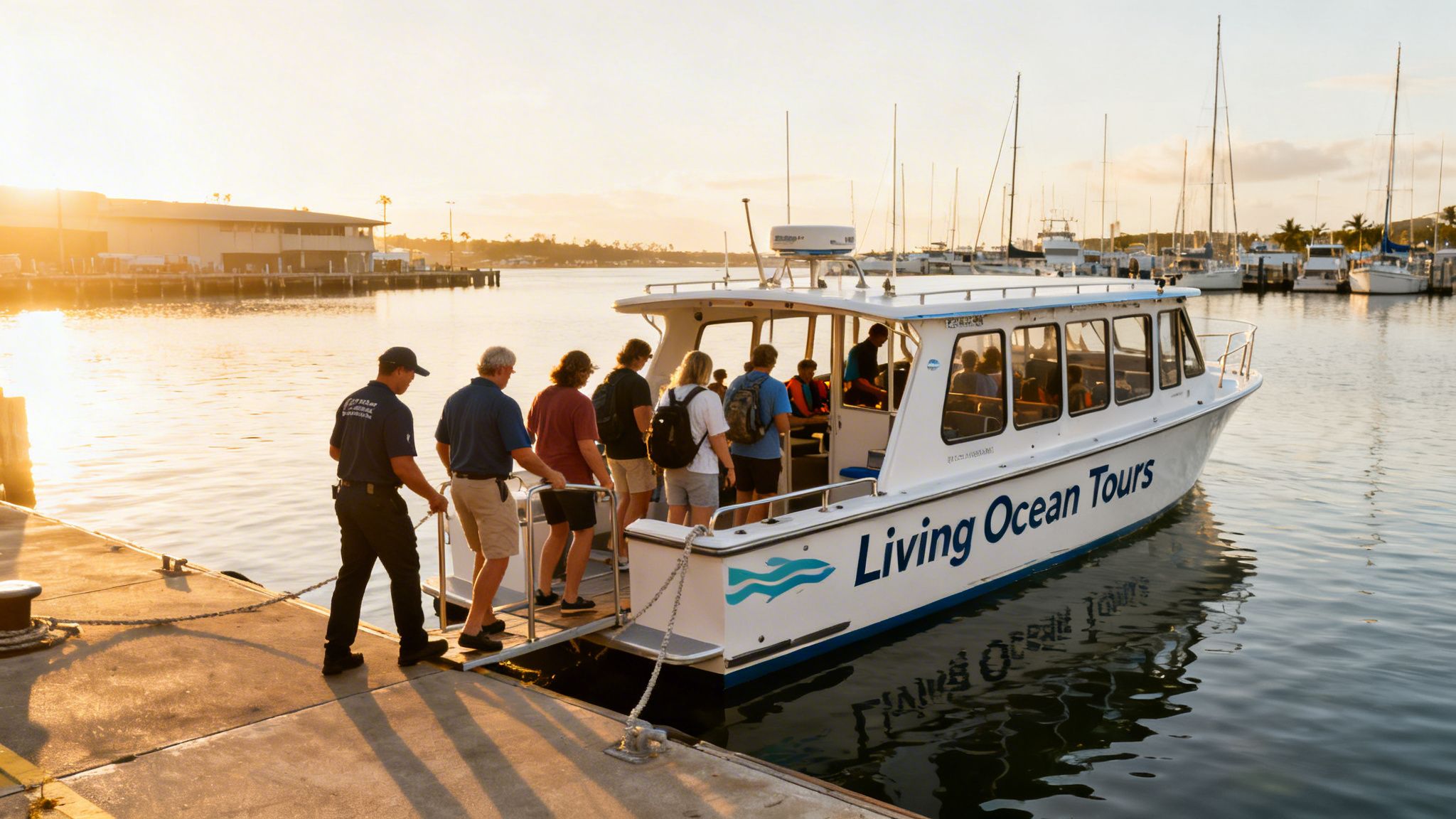 People boarding a "Living Ocean Tours" boat from a dock at sunset, with other boats visible.