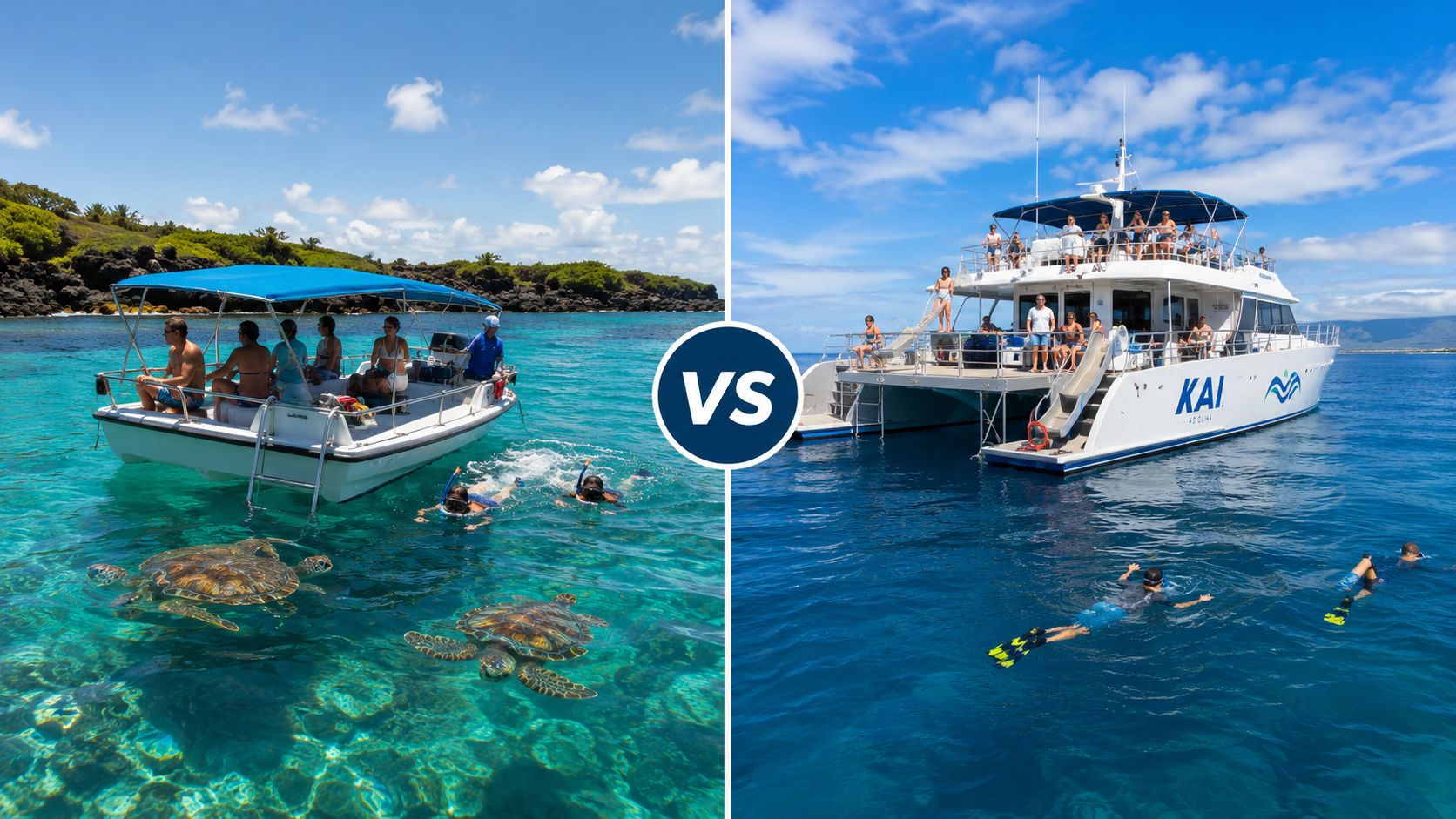 A split screen showing a small boat with sea turtles and a large catamaran in Honolulu.
