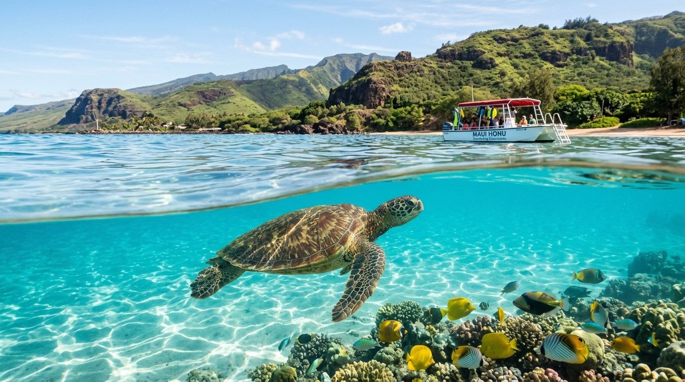 A sea turtle swimming in clear blue water with a boat and mountains in the background