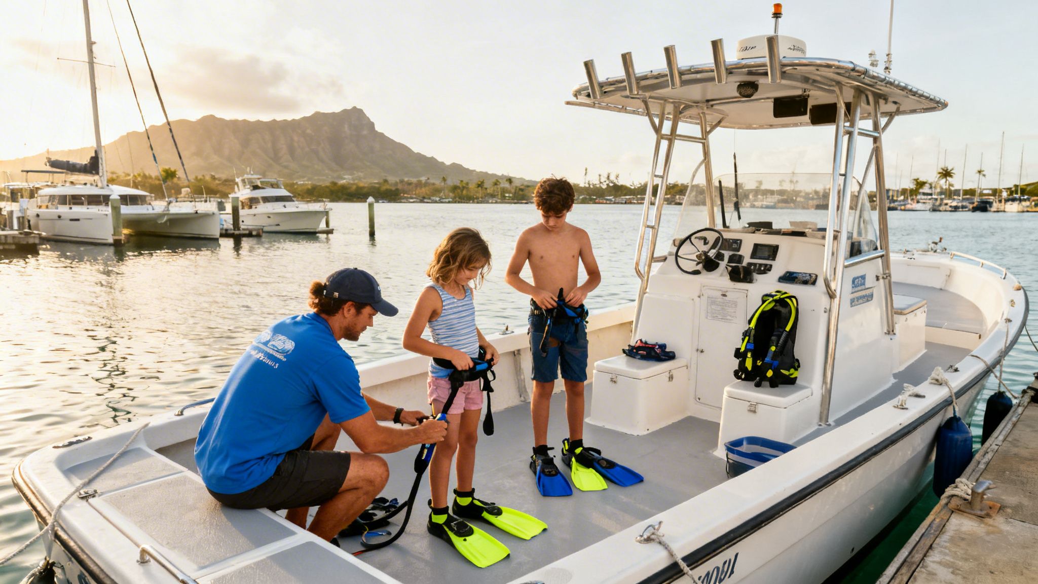 A man helps two children put on fins and harnesses on a boat in a Hawaiian marina.