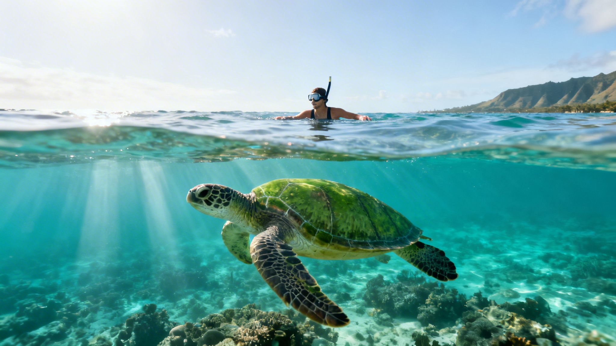 Person snorkeling above a sea turtle swimming in sunny, clear blue water with a coral reef.