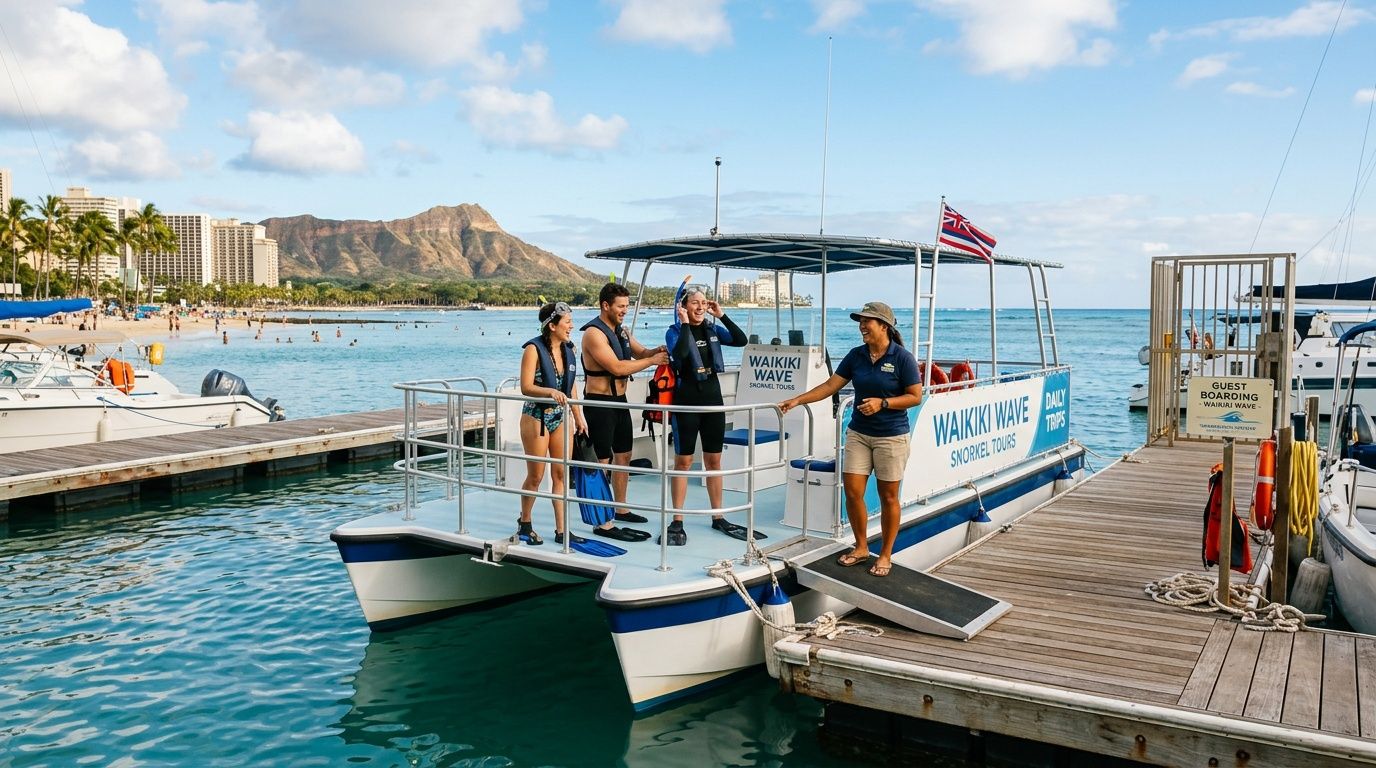 A tour guide greeting snorkelers boarding a Waikiki Wave catamaran boat in front of Diamond Head crater.