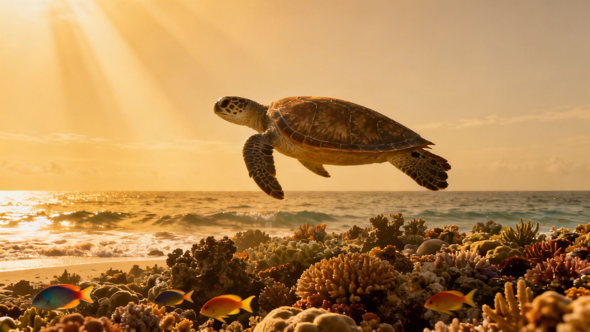 A majestic sea turtle glides over a vibrant coral reef at sunset with sunbeams.