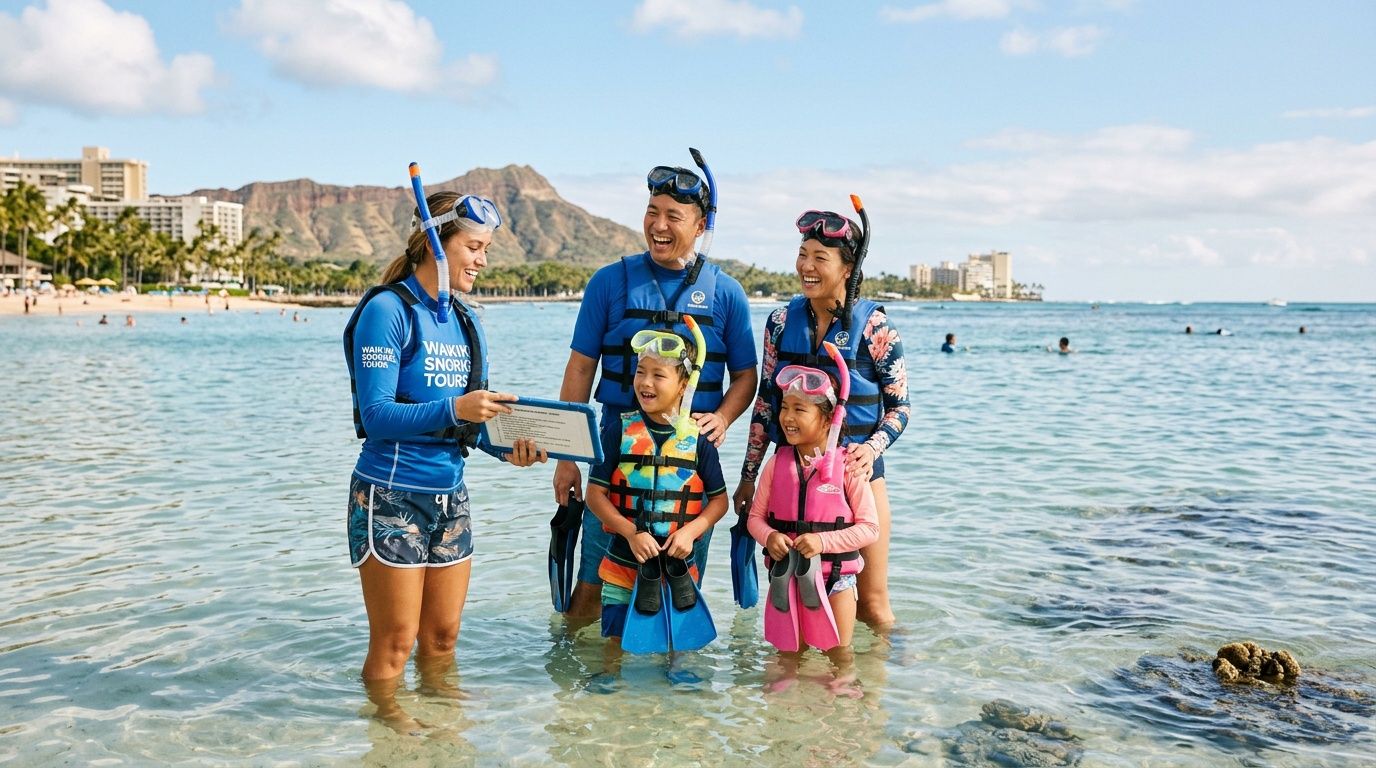 A friendly snorkeling tour guide provides instructions to a family standing in shallow waters at Waikiki Beach.