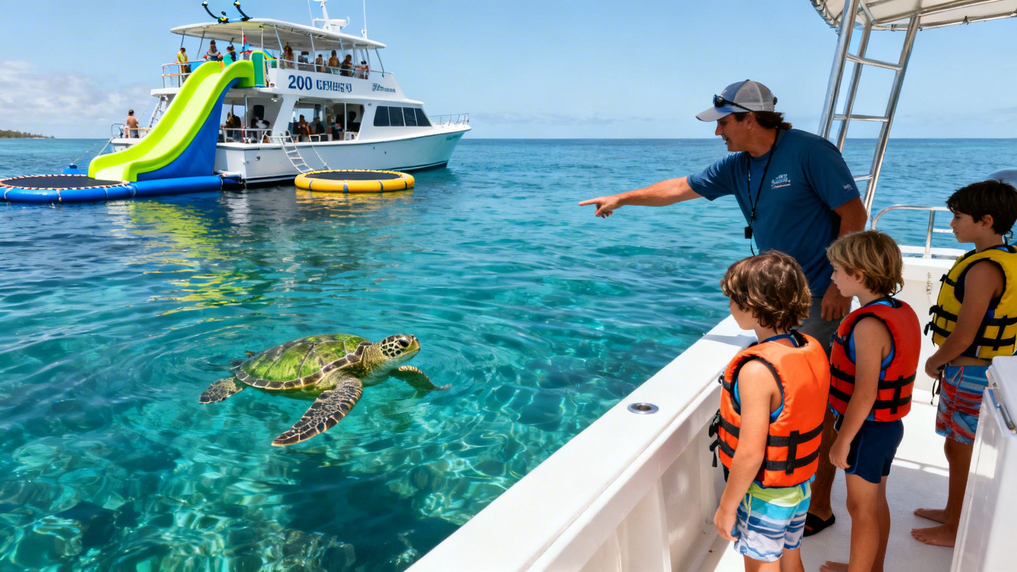 Man and children on a boat watching a sea turtle swim in clear blue water.