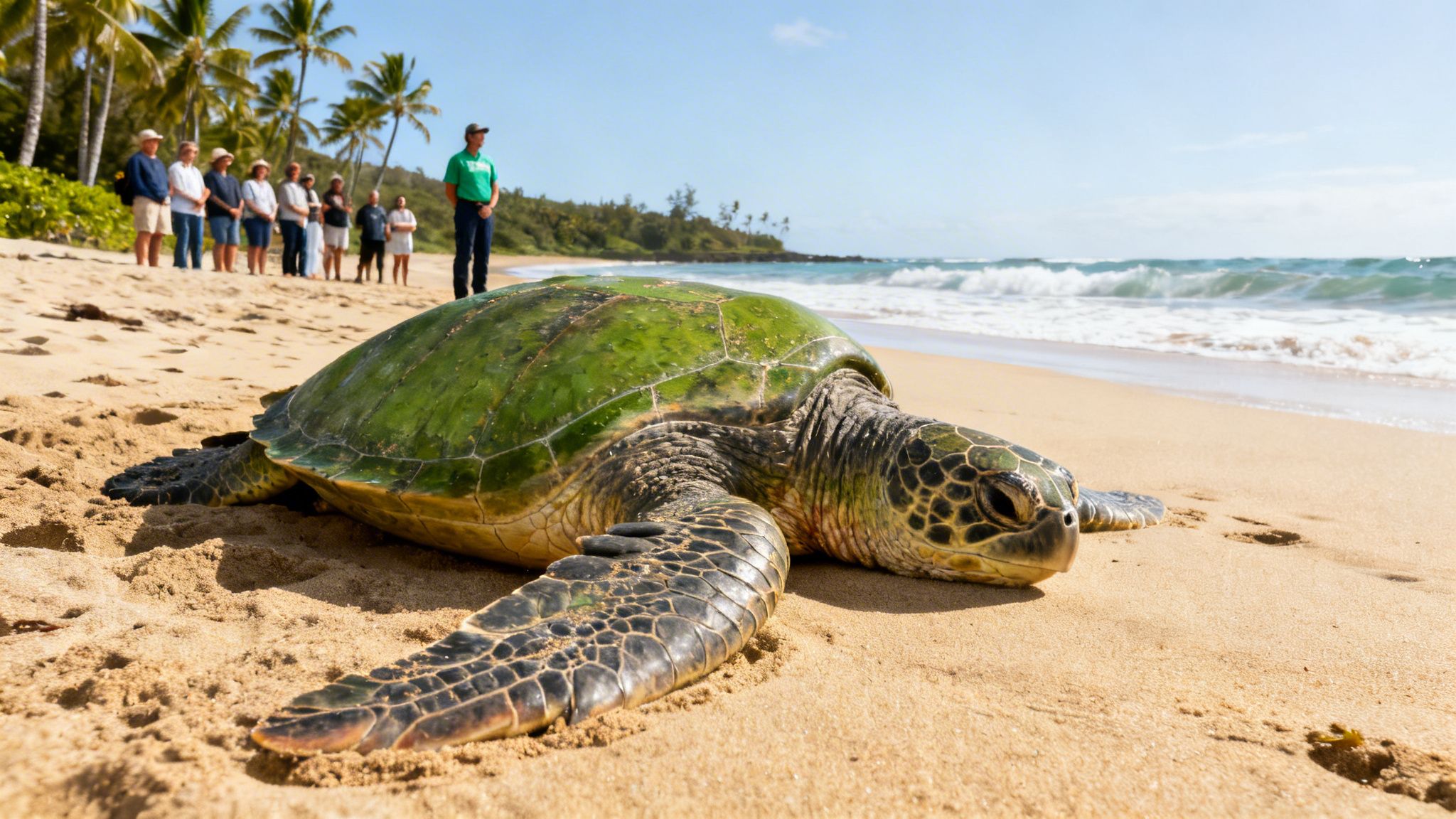 A large green sea turtle rests on a sandy Hawaiian beach, observed by people and palm trees.