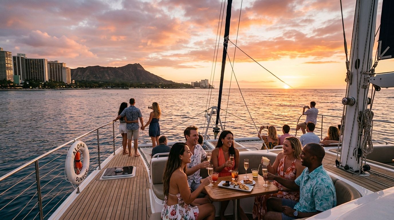 A group of friends enjoy a sunset boat cruise with drinks near Waikiki beach and Diamond Head.