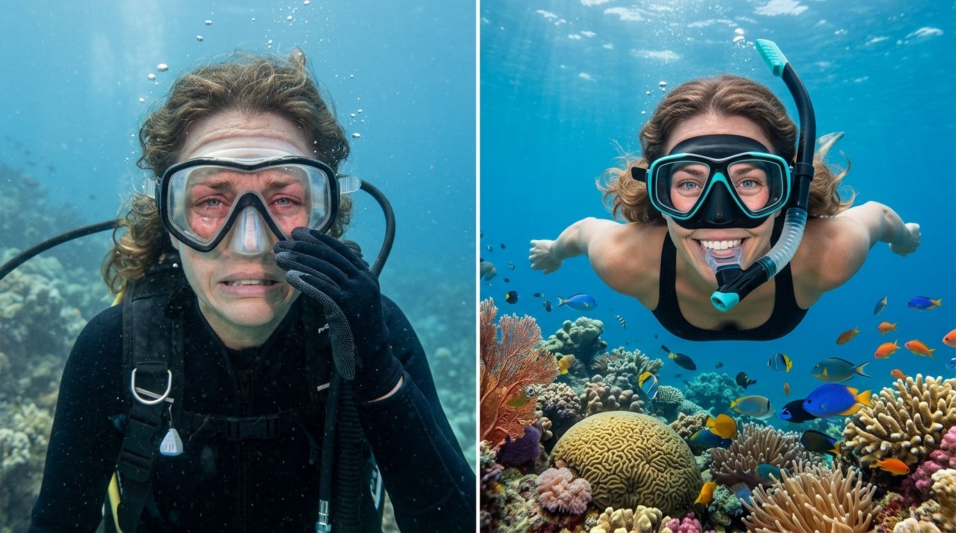 A split screen comparing a stressed diver with poor visibility to a happy snorkeler with clear goggles.
