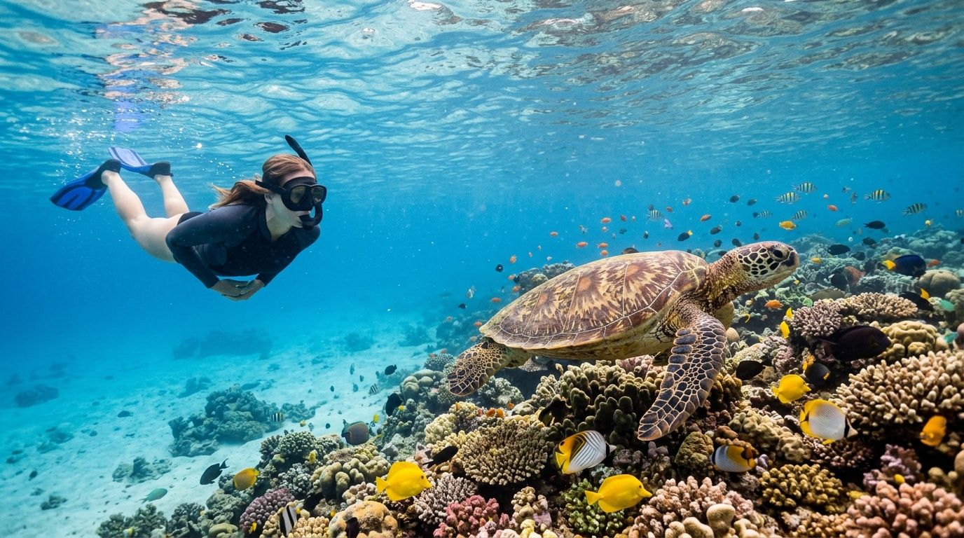 A woman snorkeling in clear tropical water alongside a large sea turtle over a vibrant coral reef.