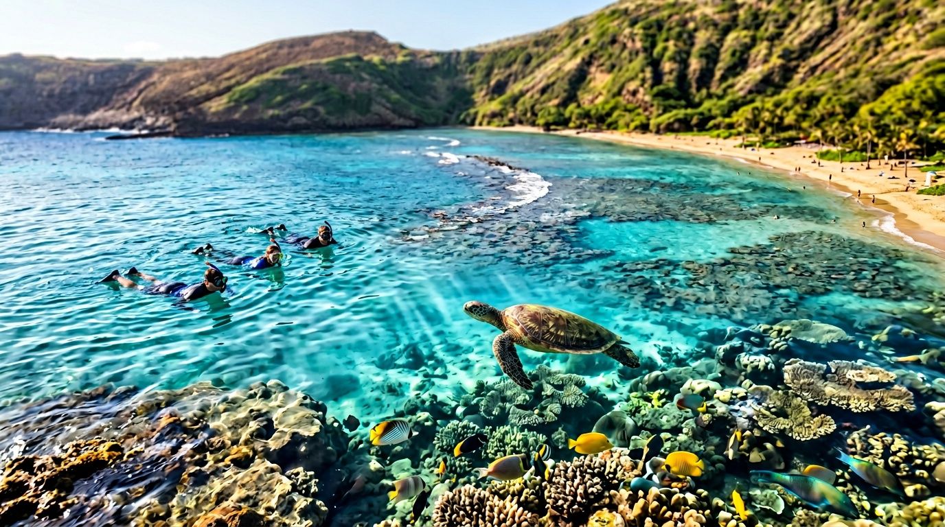 Snorkelers swim in vibrant blue ocean water with a sea turtle and colorful fish over a coral reef.