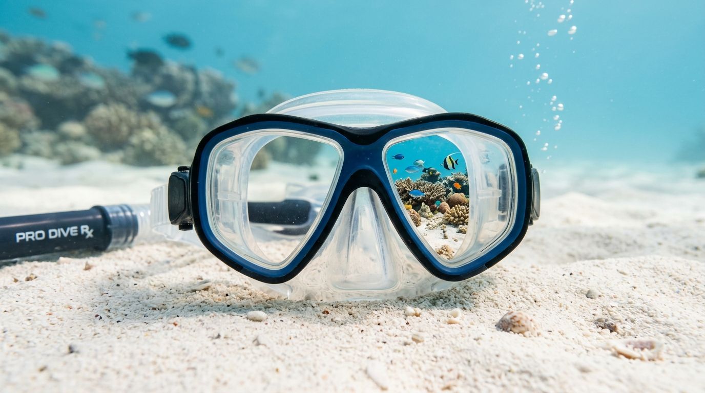 Prescription snorkeling goggles resting on a white sandy sea floor with a coral reef scene visible inside.