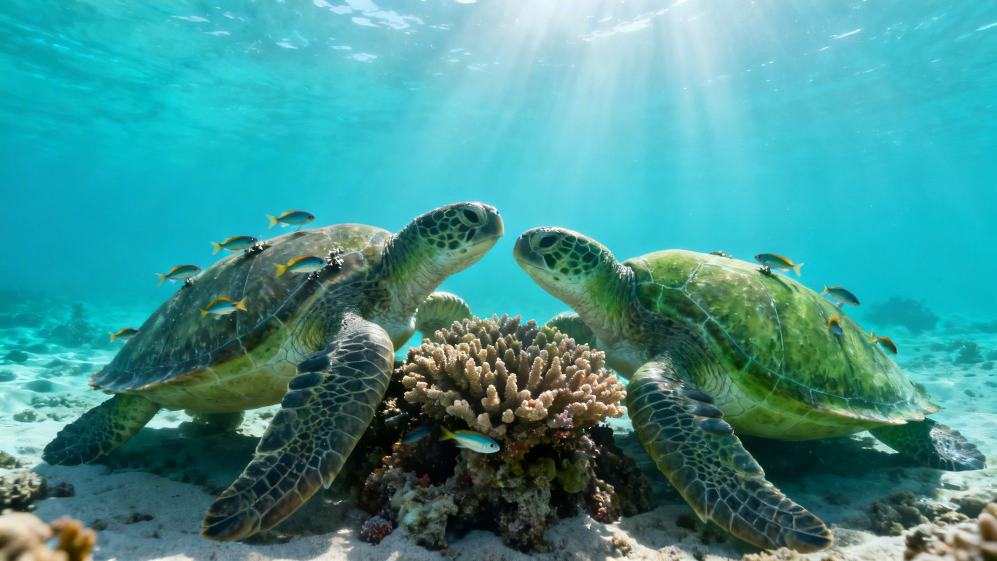 Two majestic green sea turtles facing each other underwater, surrounded by small fish and coral under sunlight.