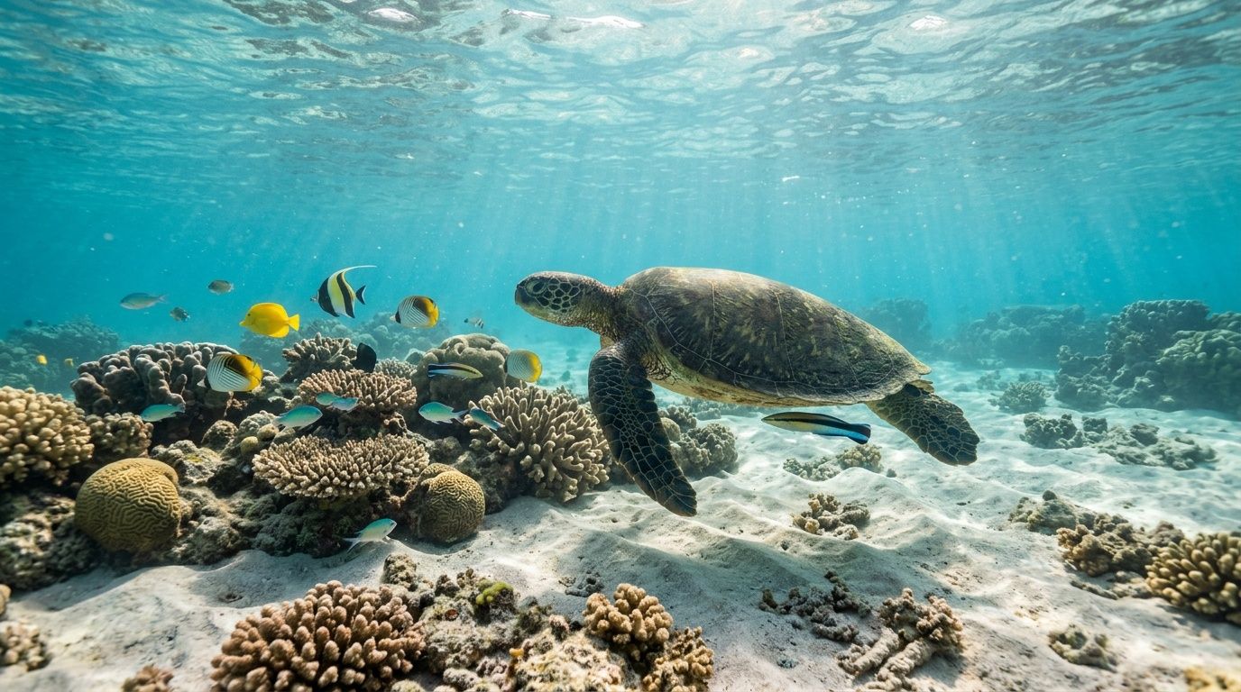 A large sea turtle swims gracefully near a vibrant coral reef in clear, shallow tropical blue water.