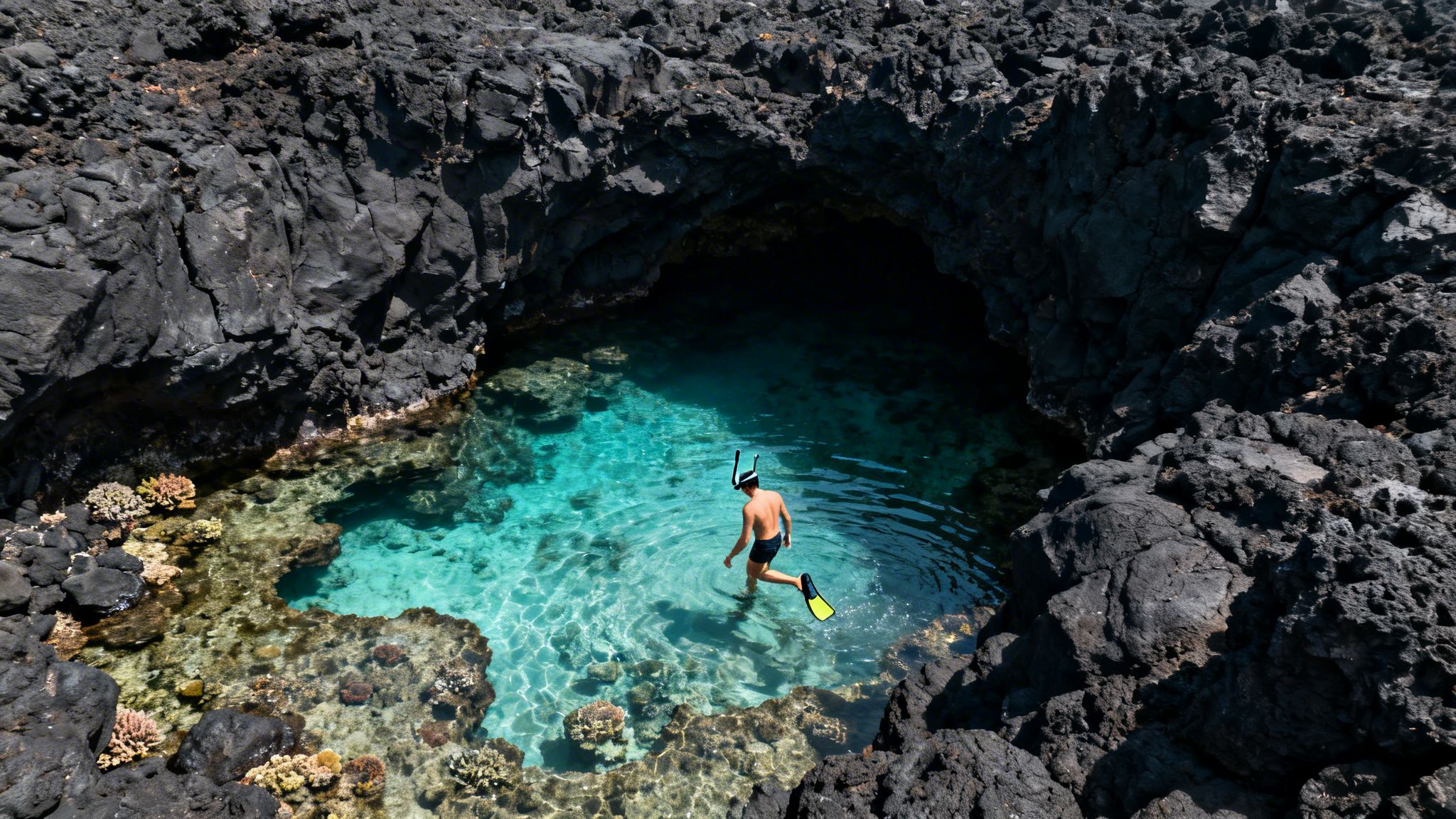 A person in snorkeling gear walks into a vibrant blue natural pool surrounded by dark volcanic rocks.