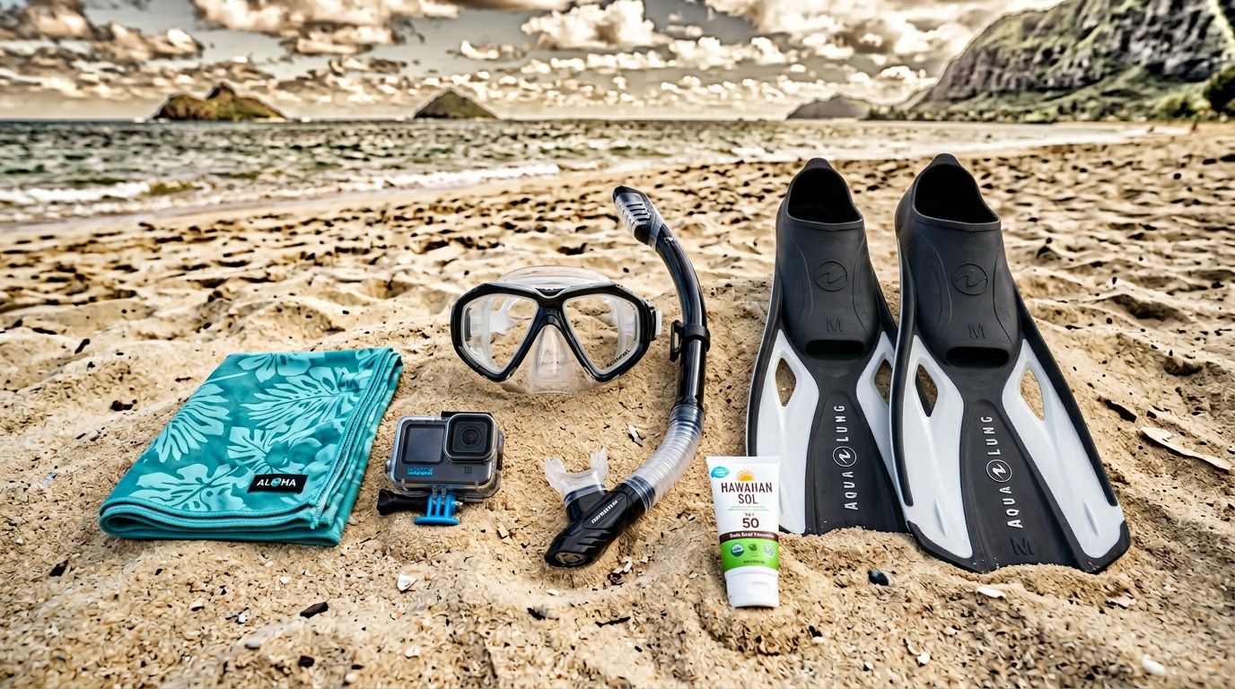 Snorkeling equipment including a mask, snorkel, fins, camera, towel, and sunscreen laid out on a sandy Hawaiian beach.