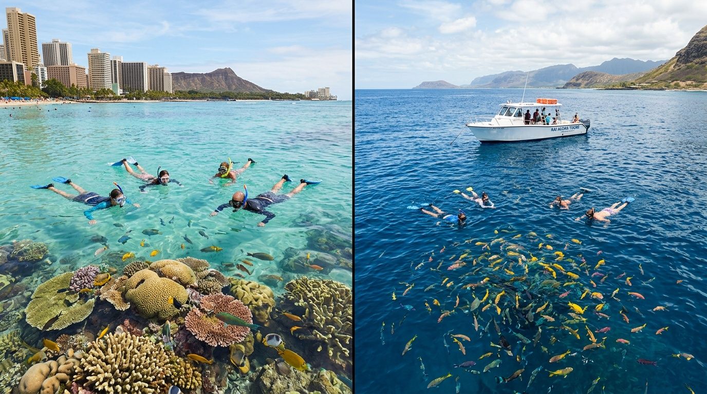 A split-screen view showing snorkelers exploring coral reefs in shallow water and in deep open ocean.
