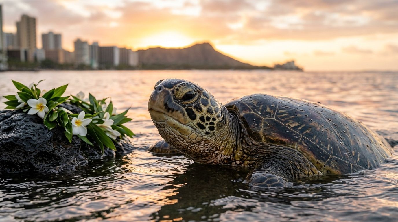 A sea turtle in the water with a flower lei on a rock, during a beautiful sunset over Waikiki beach and Diamond Head.