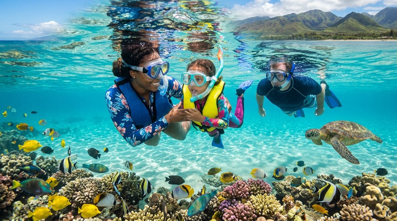 A family enjoys snorkeling together in clear Hawaiian waters with colorful tropical fish and a sea turtle.