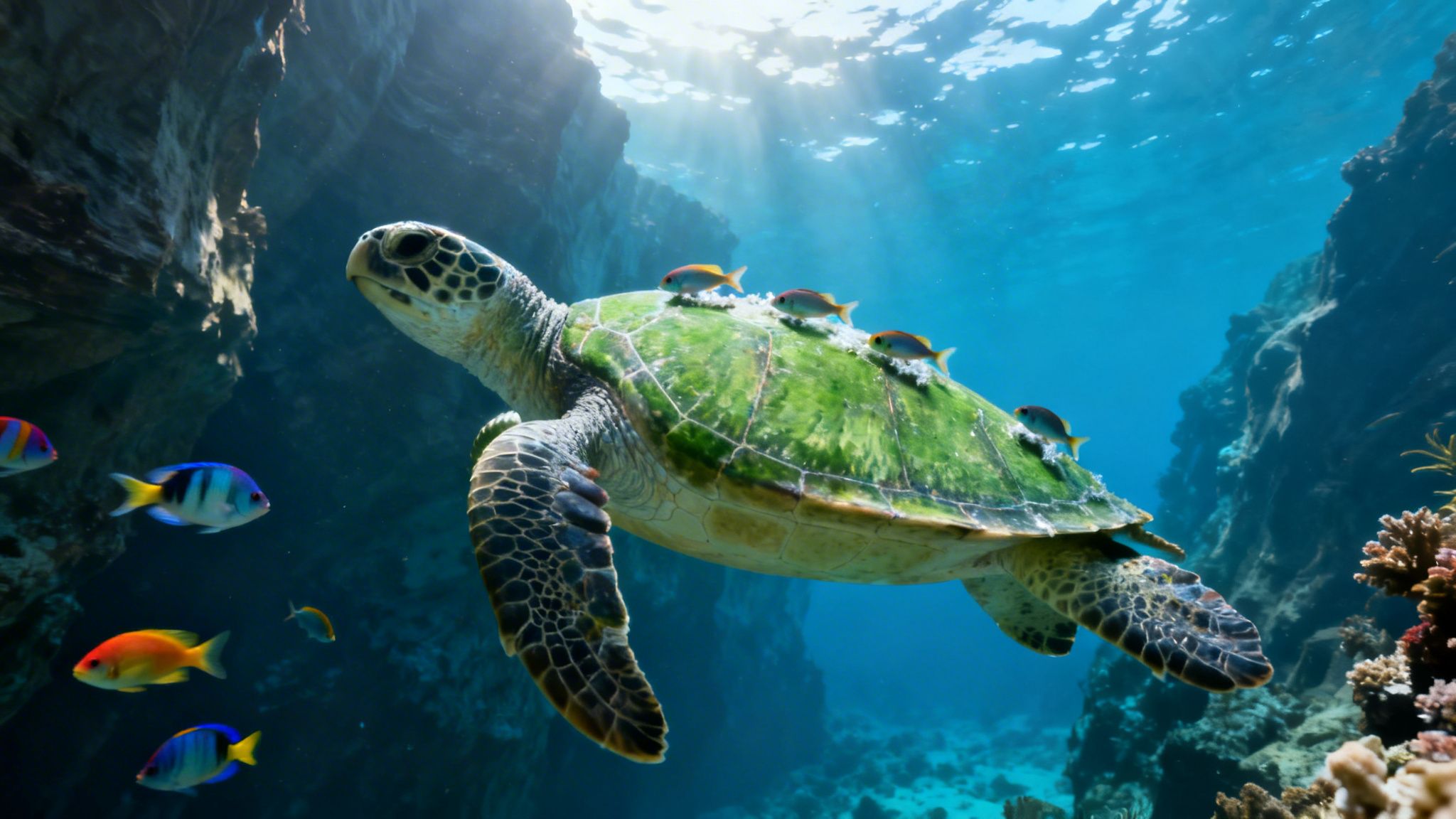 A majestic green sea turtle glides through clear blue water, surrounded by vibrant reef fish.