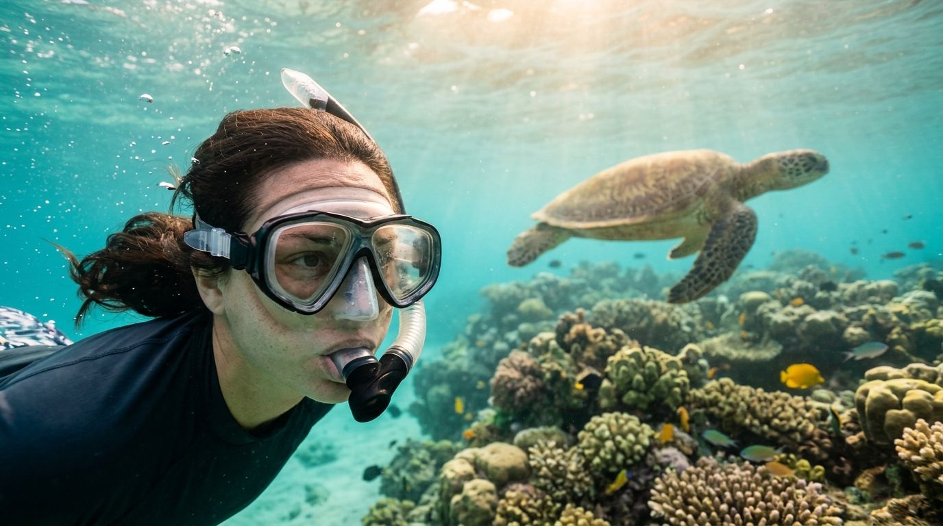 A woman wearing snorkeling gear observes a sea turtle swimming over a coral reef underwater.