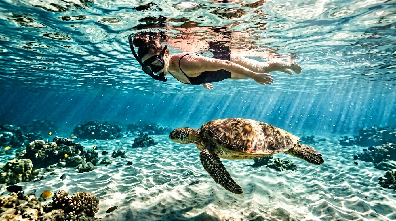 A woman snorkeling in clear tropical water alongside a large sea turtle near a sandy ocean floor.