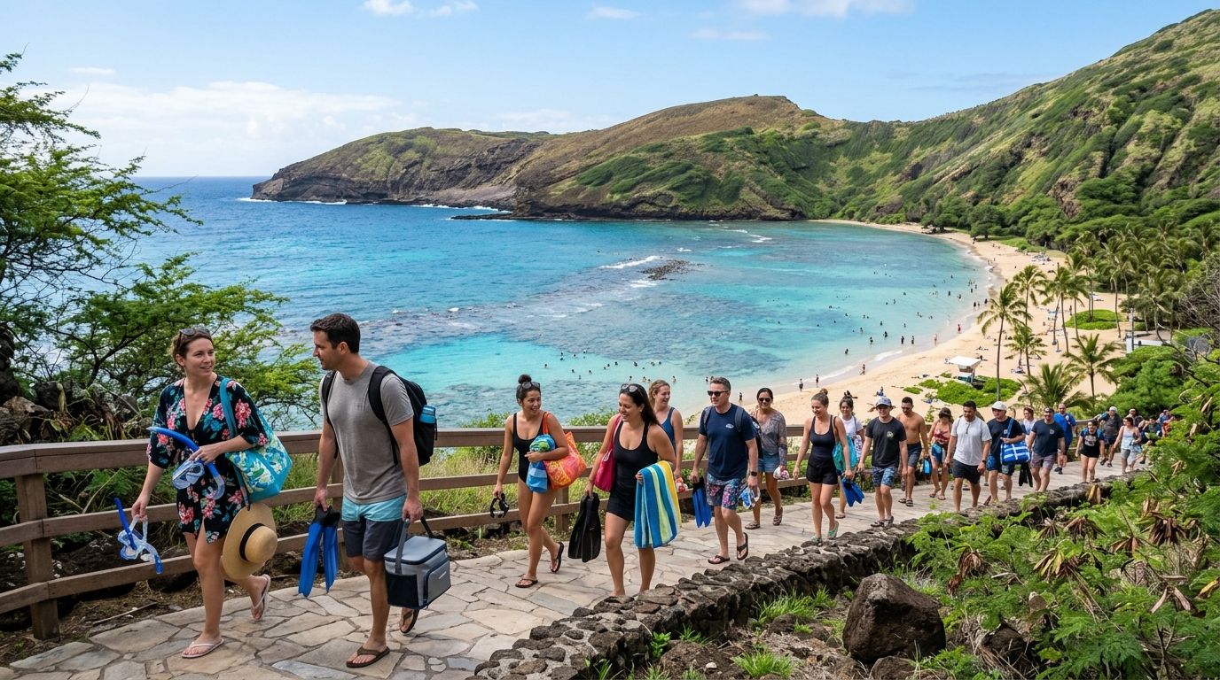 A group of people walking down a scenic path towards the blue waters of Hanauma Bay.