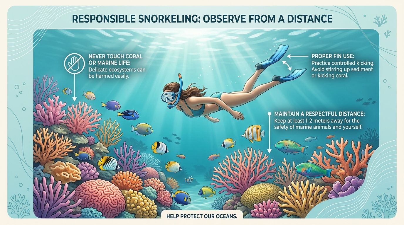 An educational infographic illustrating responsible snorkeling tips to protect delicate coral reefs and marine life underwater.