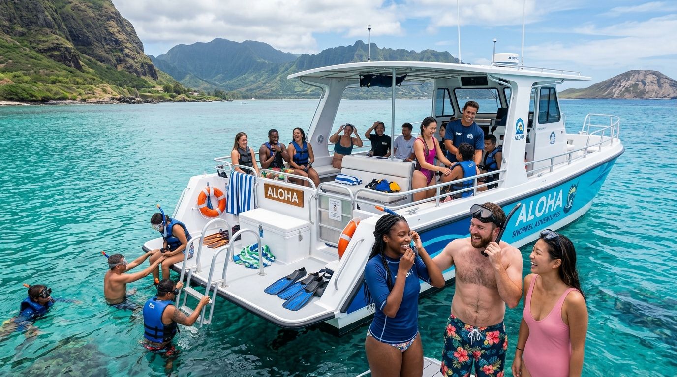 A group of happy tourists on a snorkel tour boat in clear tropical waters near Oahu.