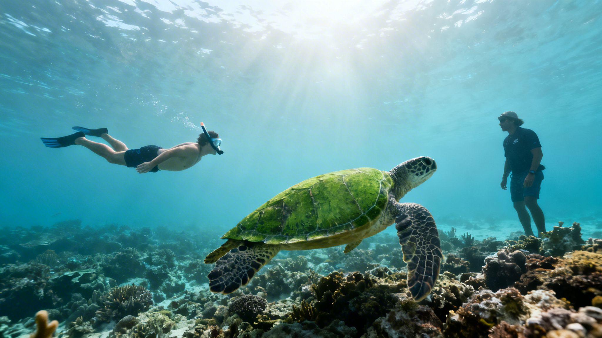 An underwater scene with a snorkeler observing a green sea turtle near coral, while another man stands nearby.
