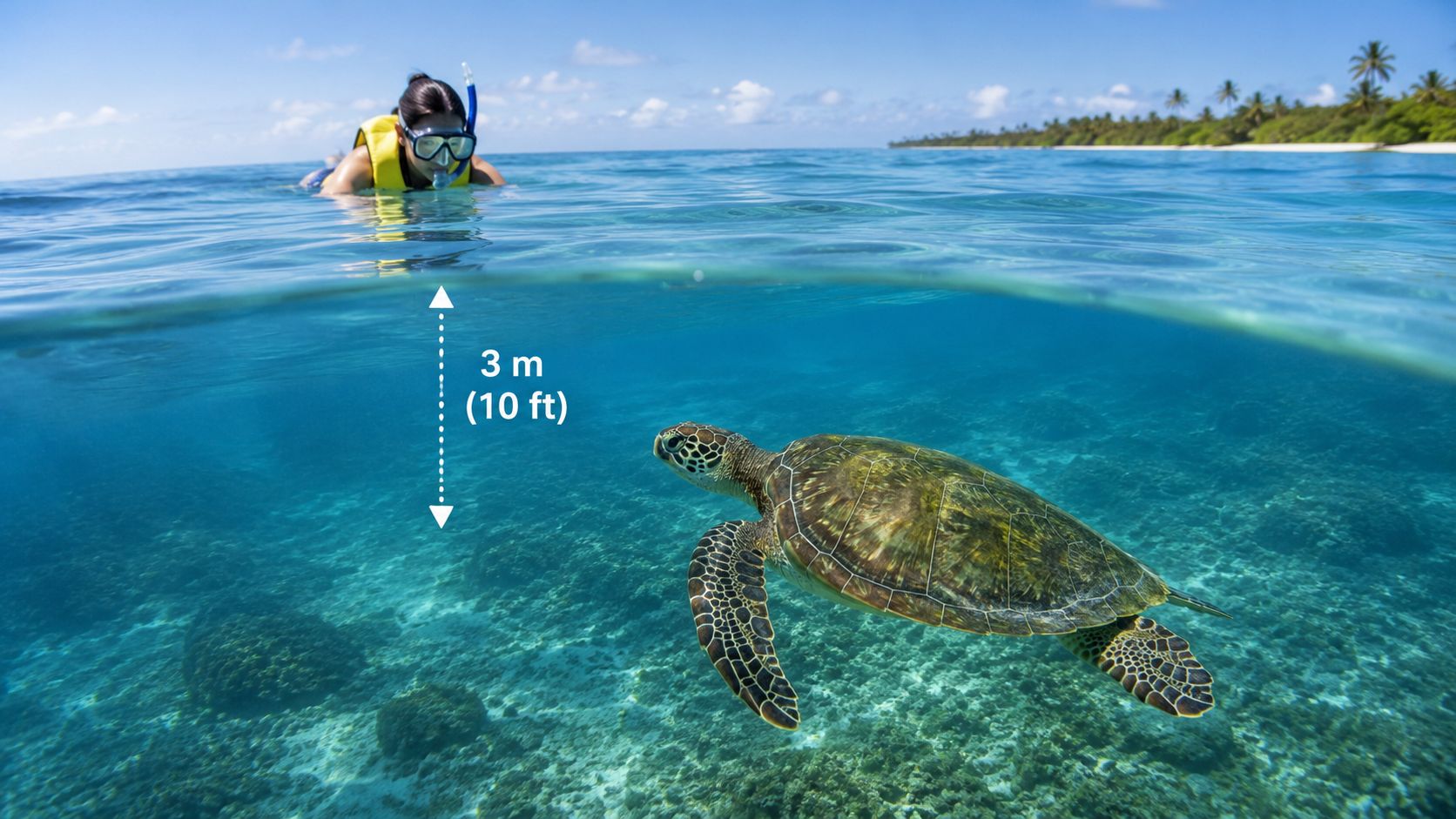 A person snorkeling near a sea turtle in clear tropical water at a three-meter depth