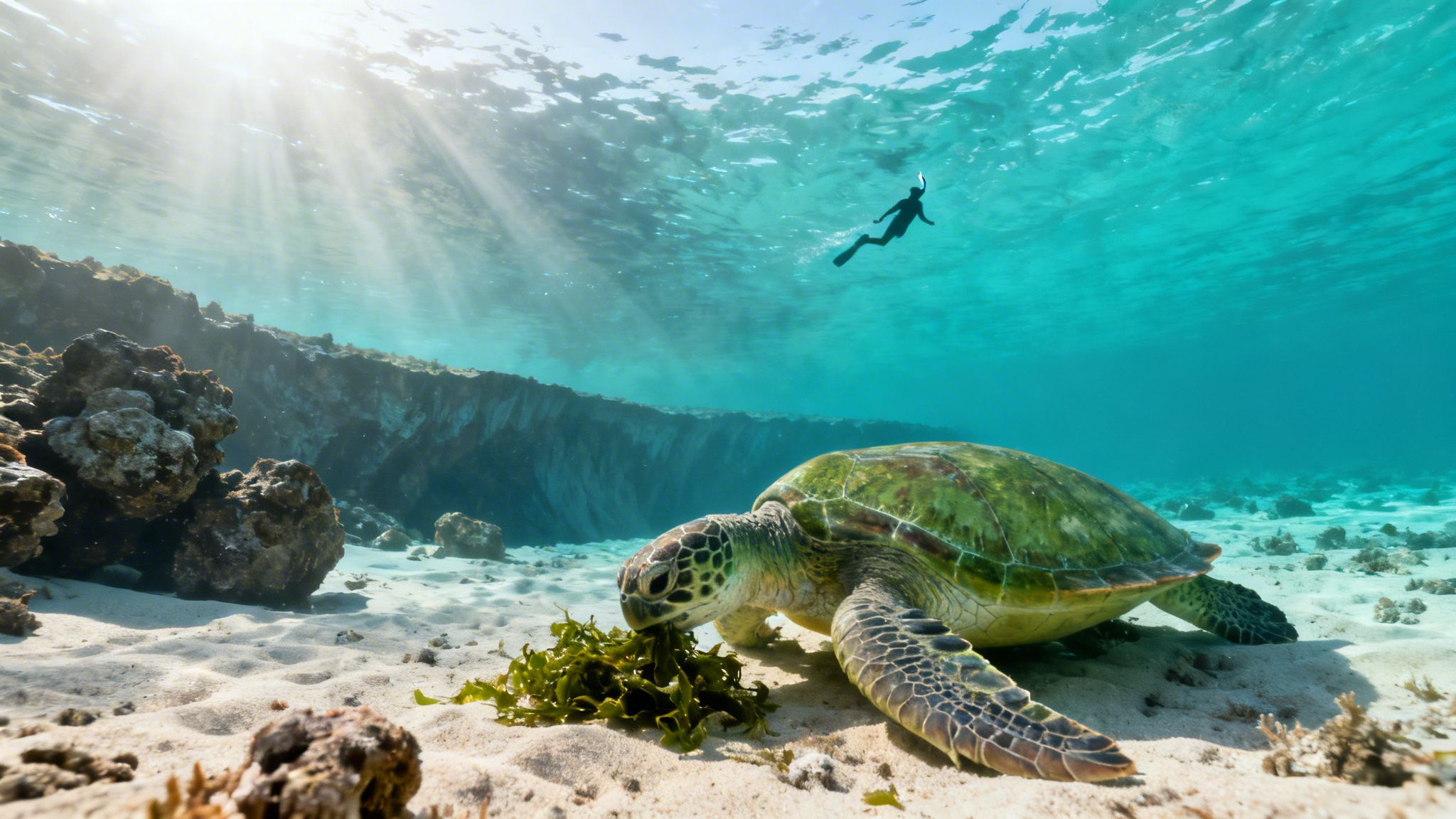 A green sea turtle eats seaweed on a sandy ocean floor with sunbeams and a snorkeler.