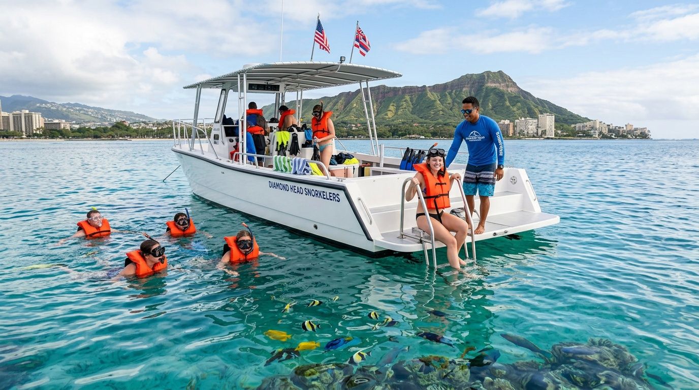 A group of people snorkeling near a boat with Diamond Head crater in the background in Waikiki, Honolulu.