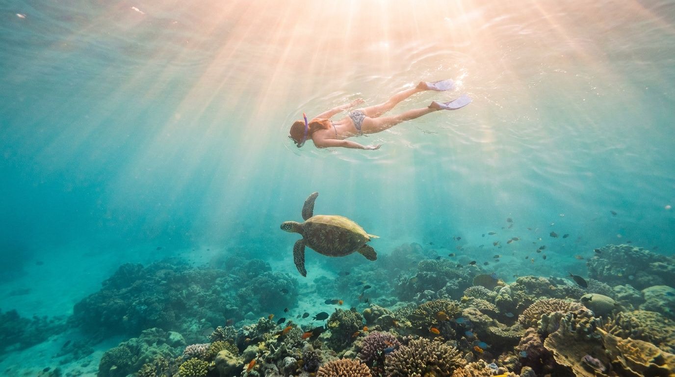 A snorkeler swims near a sea turtle above a colorful coral reef in clear blue water