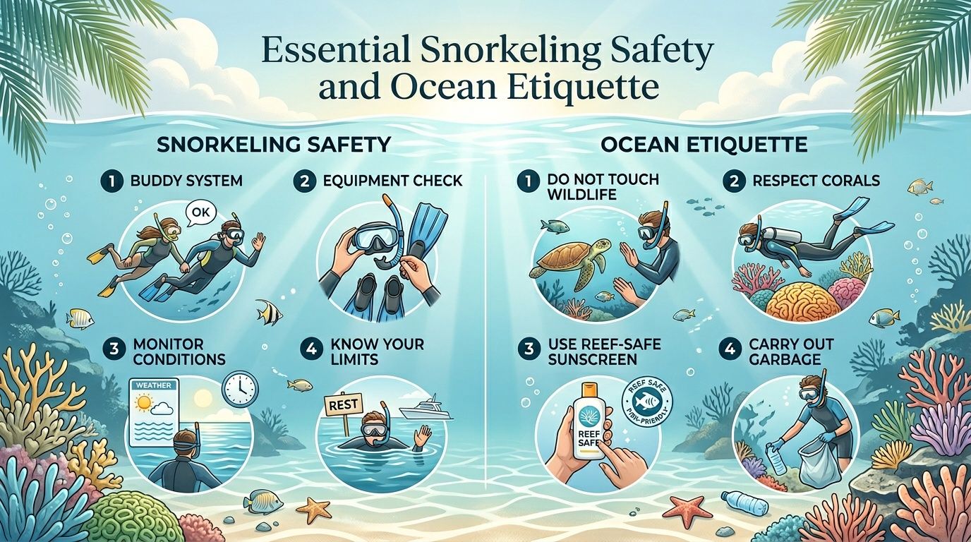 An infographic illustrating essential snorkeling safety tips and ocean etiquette for protecting marine environments while underwater.