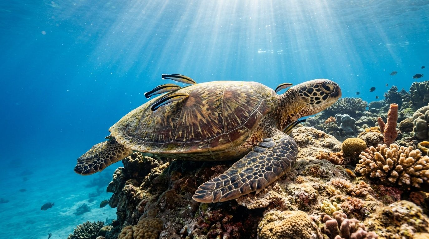 A green sea turtle with remora fish rests on a colorful coral reef in clear blue ocean.