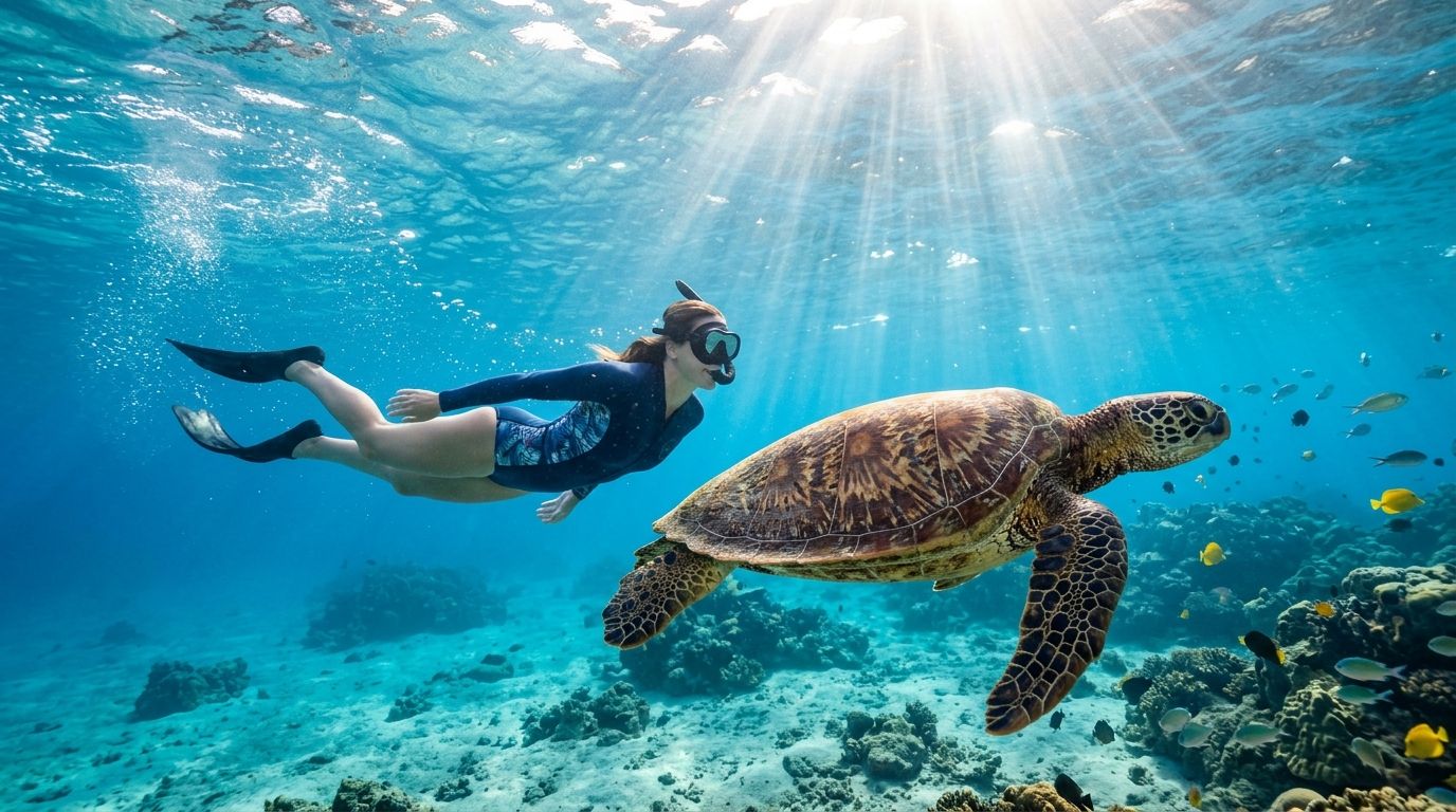 A woman snorkeling underwater swims alongside a large sea turtle in a clear blue tropical ocean.