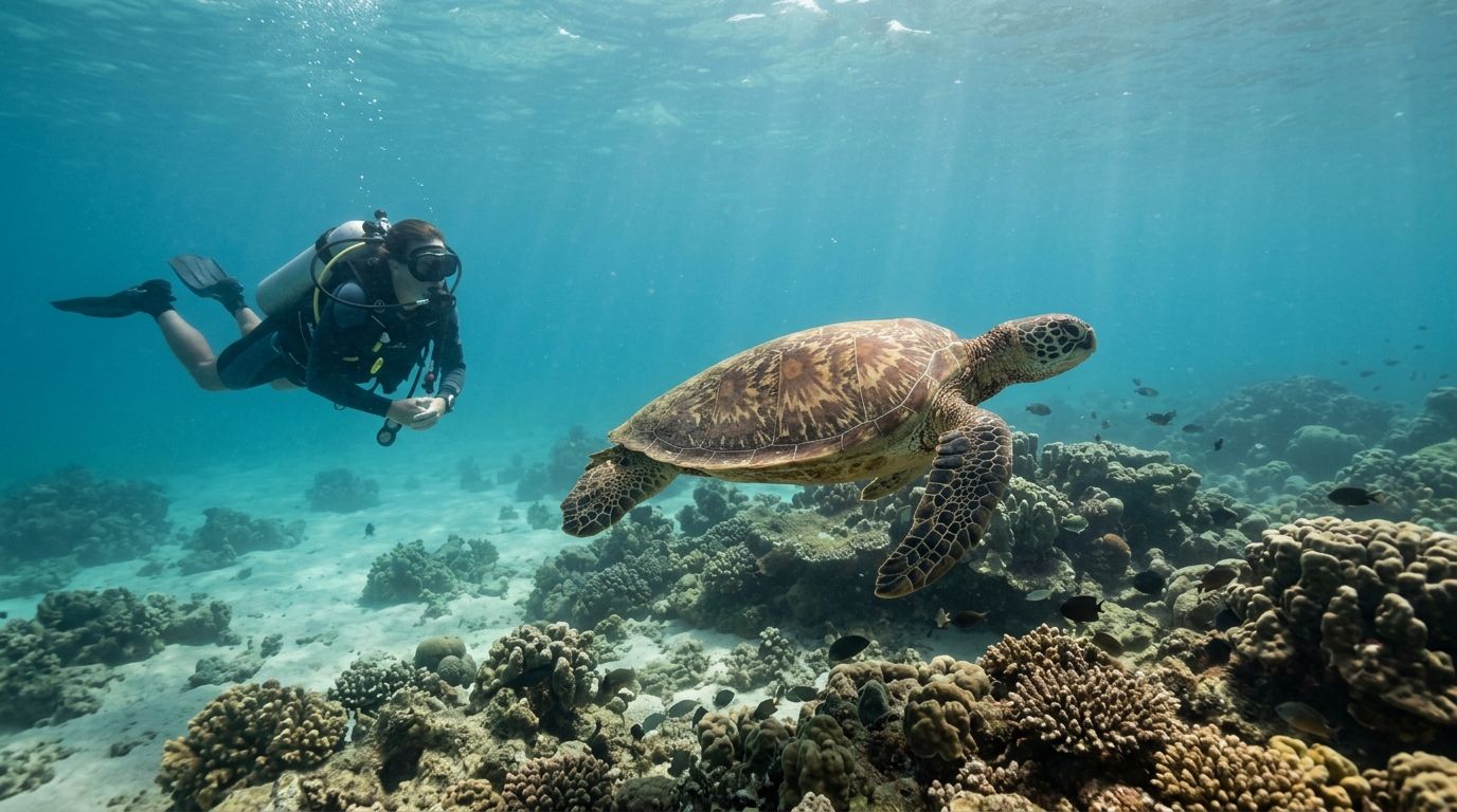 A scuba diver swimming gracefully alongside a large green sea turtle above a vibrant coral reef.