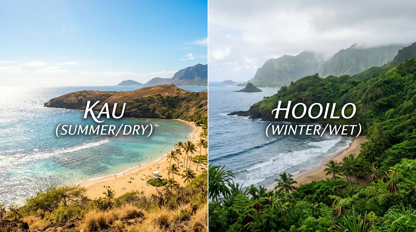 A split image showing the contrast between Hawaii during the dry summer season and the wet winter season.