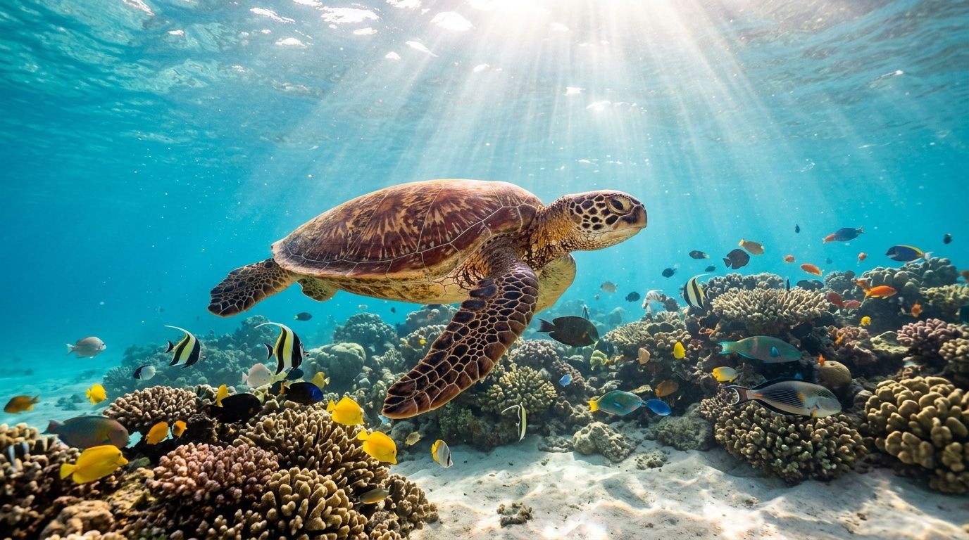 A large sea turtle swimming gracefully through a vibrant, sunlight-dappled coral reef teeming with colorful tropical fish.