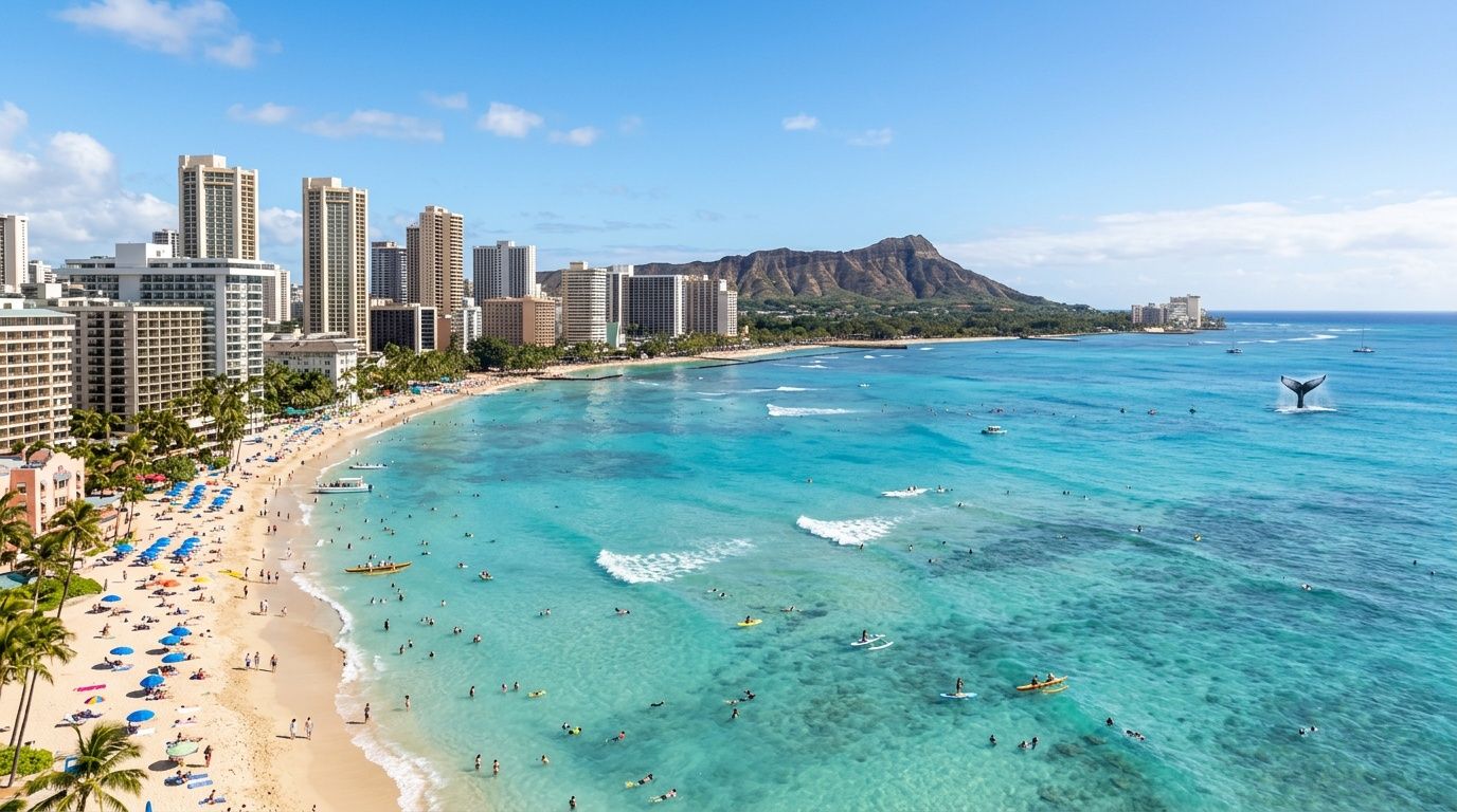 A scenic aerial view of Waikiki Beach in Honolulu with tourists, hotels, and a whale tail surfacing.